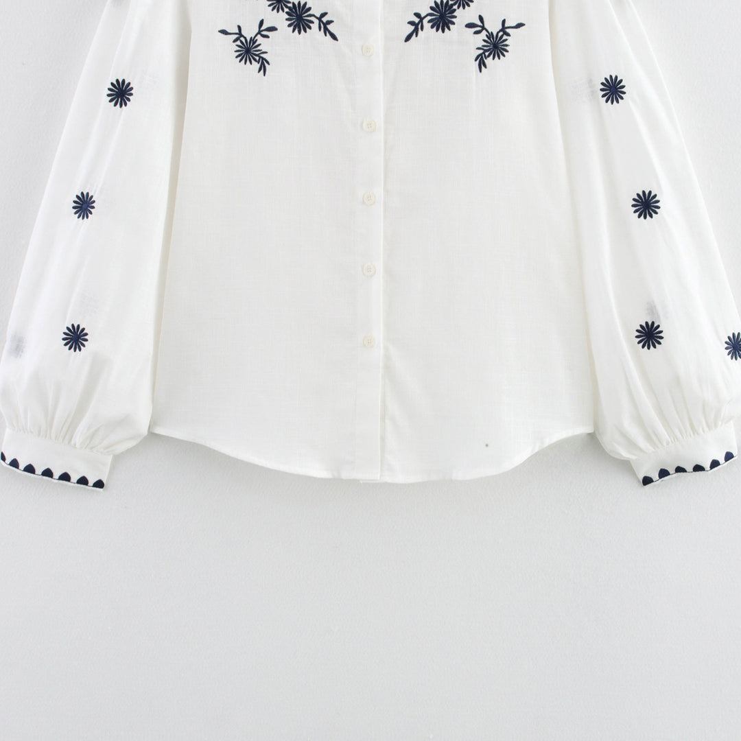 Damen Bestickte Bluse mit Stehkragen und langen Ärmeln R&B