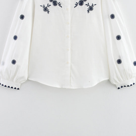 Damen Bestickte Bluse mit Stehkragen und langen Ärmeln R&B