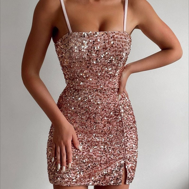 Damen Glamouröses Pailletten-Kleid mit Schlitzen und Spaghetti-Trägern R&B