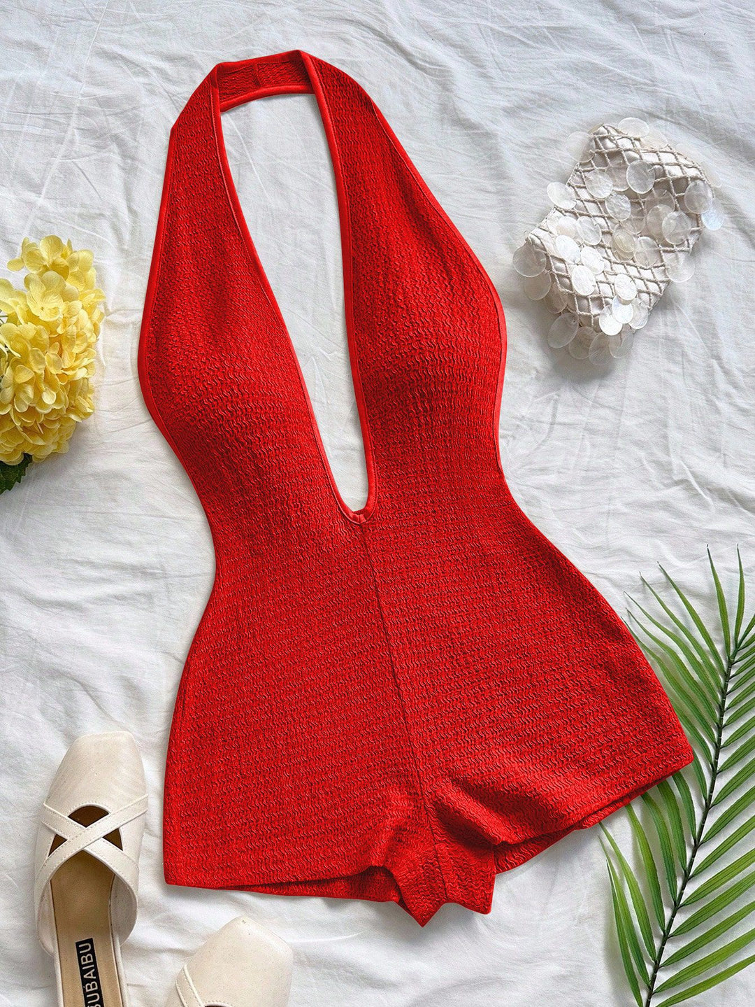Damen Bodysuit mit tiefem V-Ausschnitt und strukturierter Oberfläche R&B