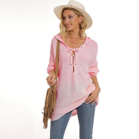 Damen lässiger Strickpullover mit einzigartigem Schnürdesign und lockerer Passform R&B