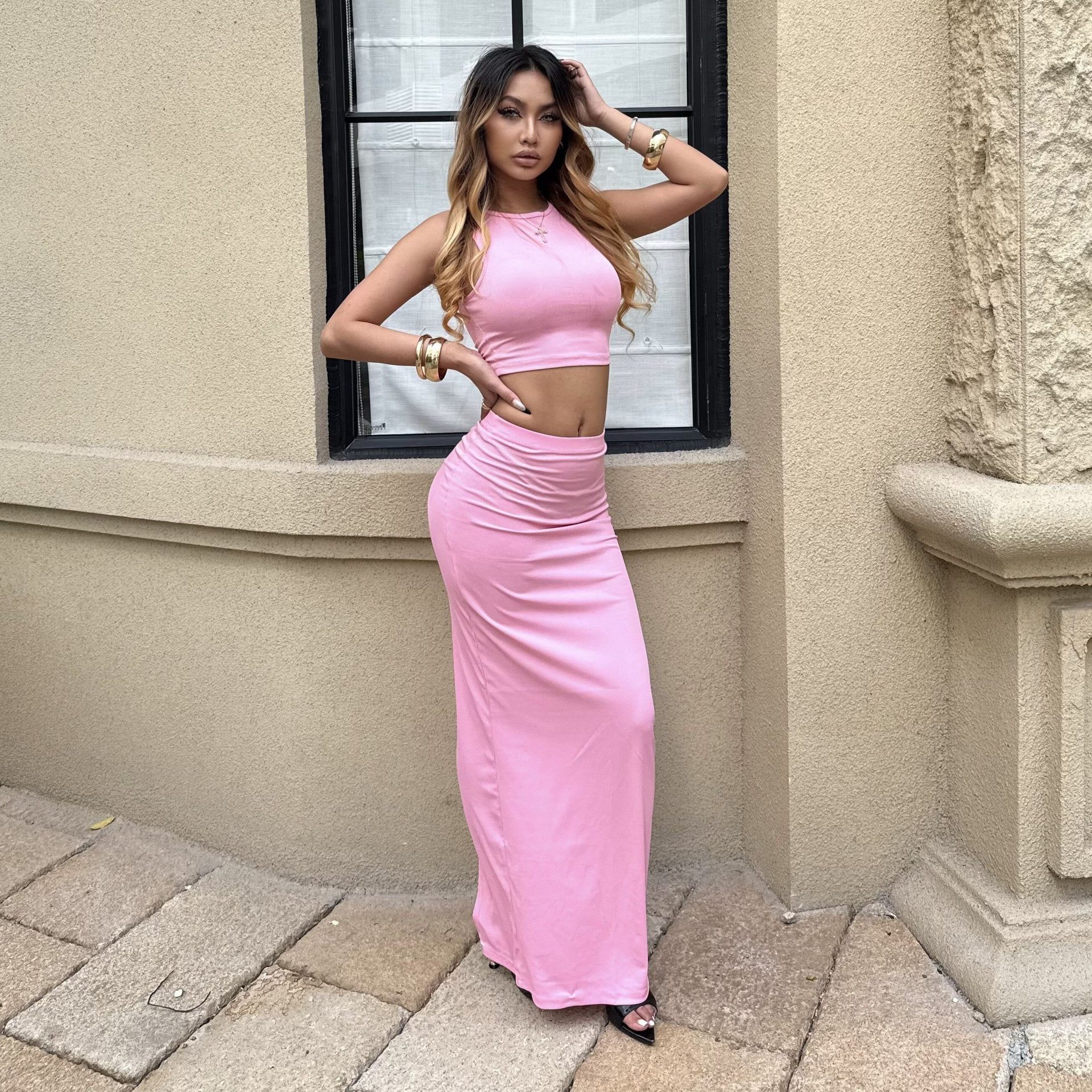Damen Elegantes und figurbetontes Halbarm-Top mit hohem Schnitt und passendem Rock R&B
