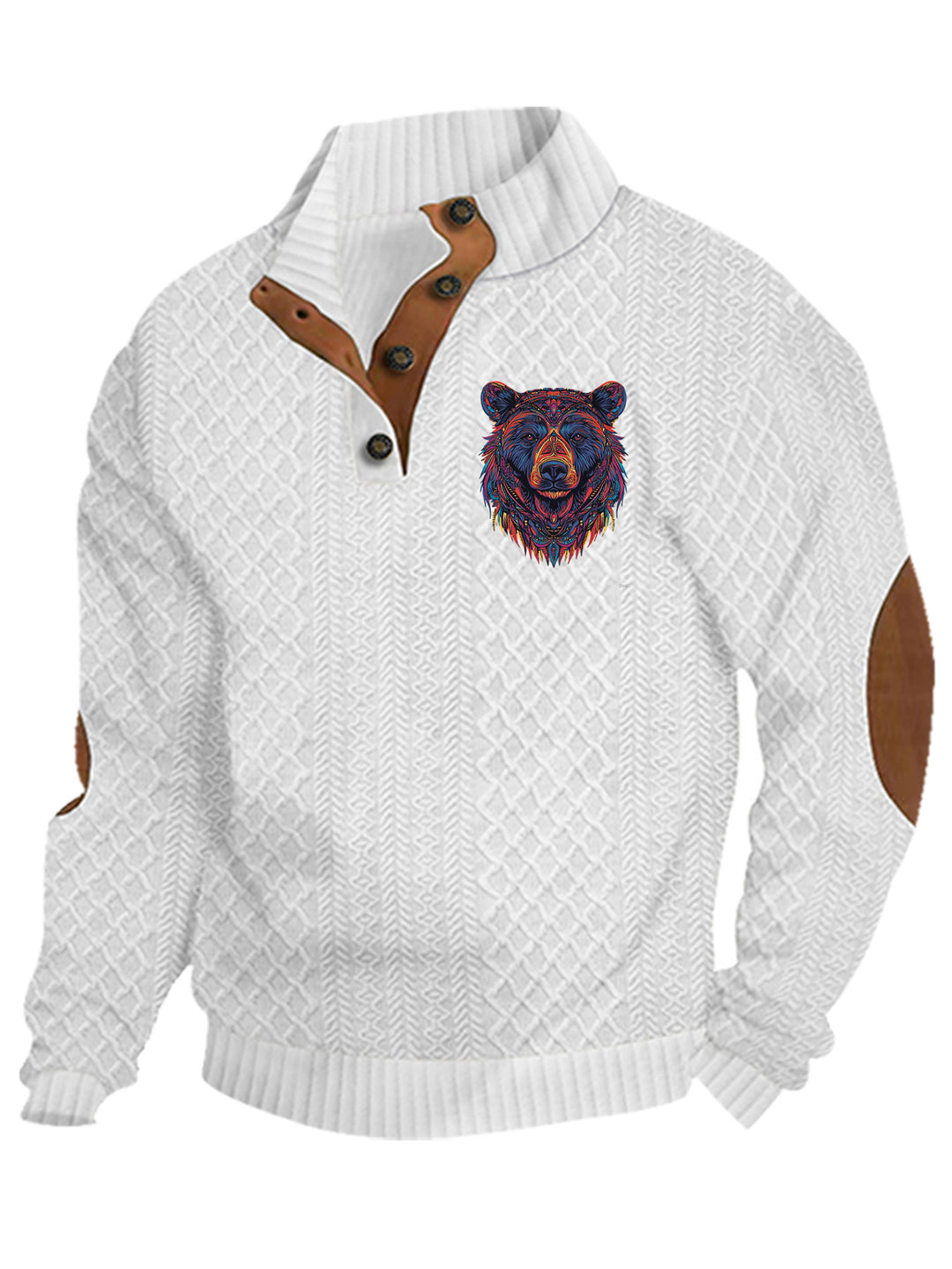 Herren nan Heritage-Strukturpullover mit Stehkragen Lederimitat-Besatz Ellenbogen-Patches und Halbknopfleiste R&B