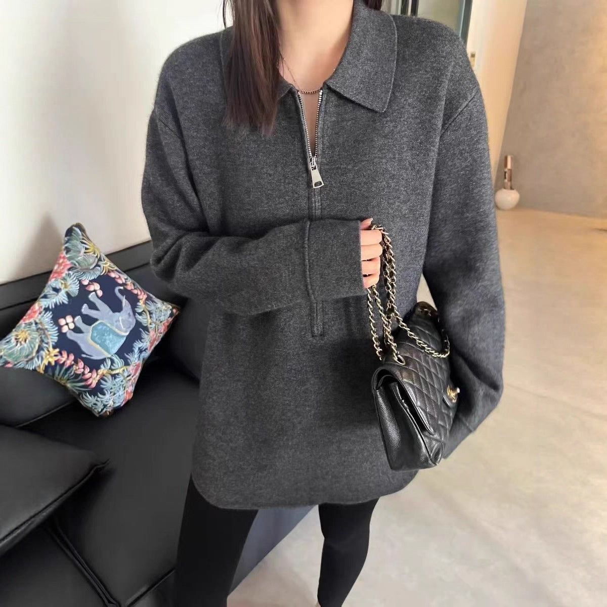 Damen Modischer Pullover mit Reißverschluss und Kragen R&B