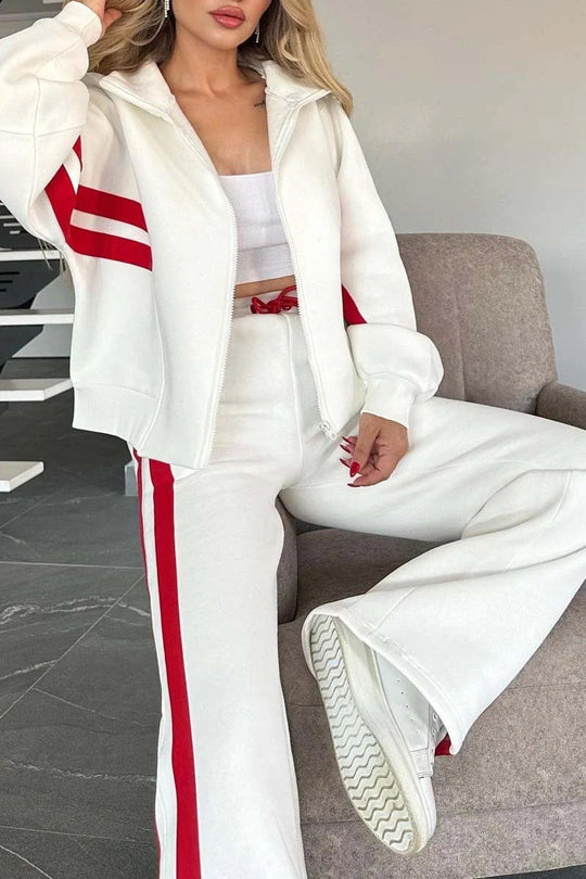 R&B | Gestreifte Zip up Cropped Sweatshirtjacke und Sporthose Zwei Teile Satz