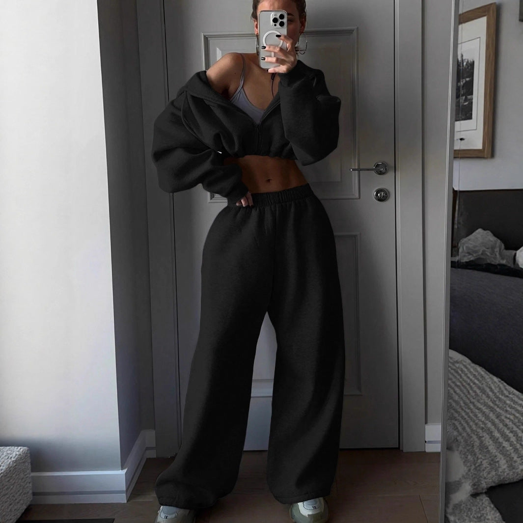 Damen lässiges Cropped Sweat-Set mit voluminösen Ärmeln und weitem Schnitt R&B