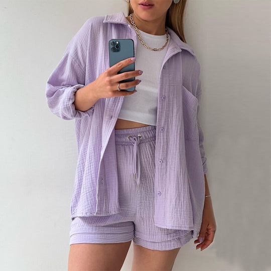 Damen gemütliches Kurzarm-Hemd mit passender Shorts R&B
