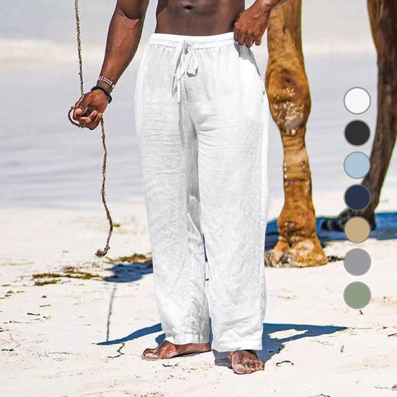 Herren lässige Strandhose aus leichtem Leinenstoff mit elastischem Bund und Kordelzug R&B