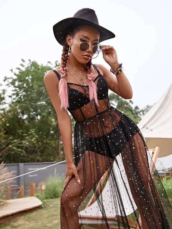 Damen Transparente Abendrobe mit funkelnden Akzenten und femininer Passform R&B