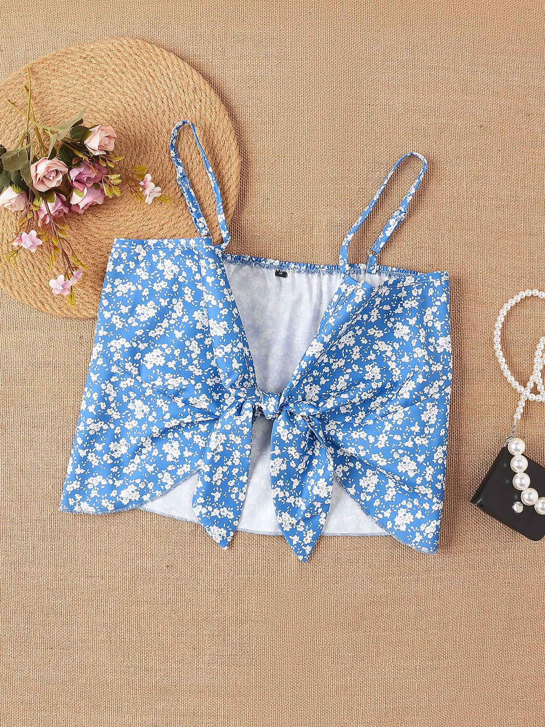 Damen Crop-Top mit floralen Rüschendetails und Schleifenbund R&B