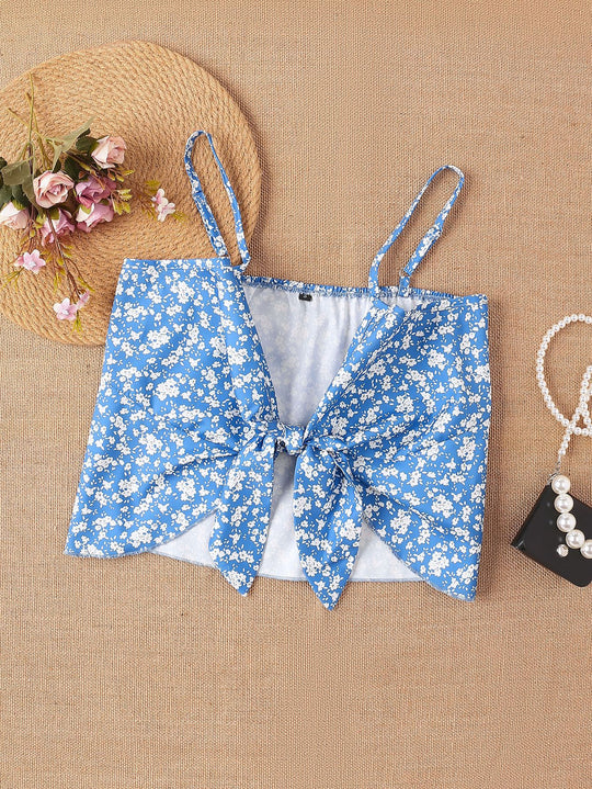 Damen Crop-Top mit floralen Rüschendetails und Schleifenbund R&B