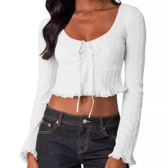 Damen Cropped Top mit Schnüroptik und Spitzenverzierungen R&B