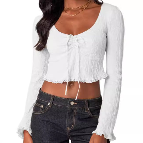 Damen Cropped Top mit Schnüroptik und Spitzenverzierungen R&B