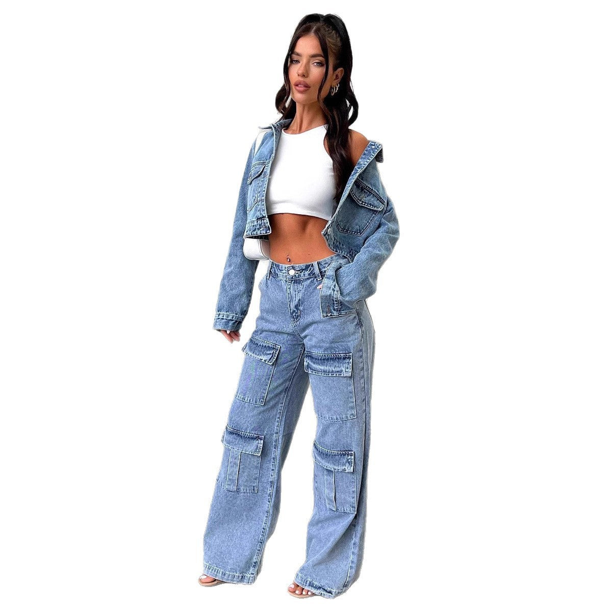 Damen Weite Cargo-Jeans mit Taschen im lässigen Schnitt