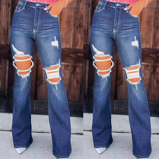 Damen Flared Jeans mit modischen Destroyed-Effekten und hohem Bund R&B