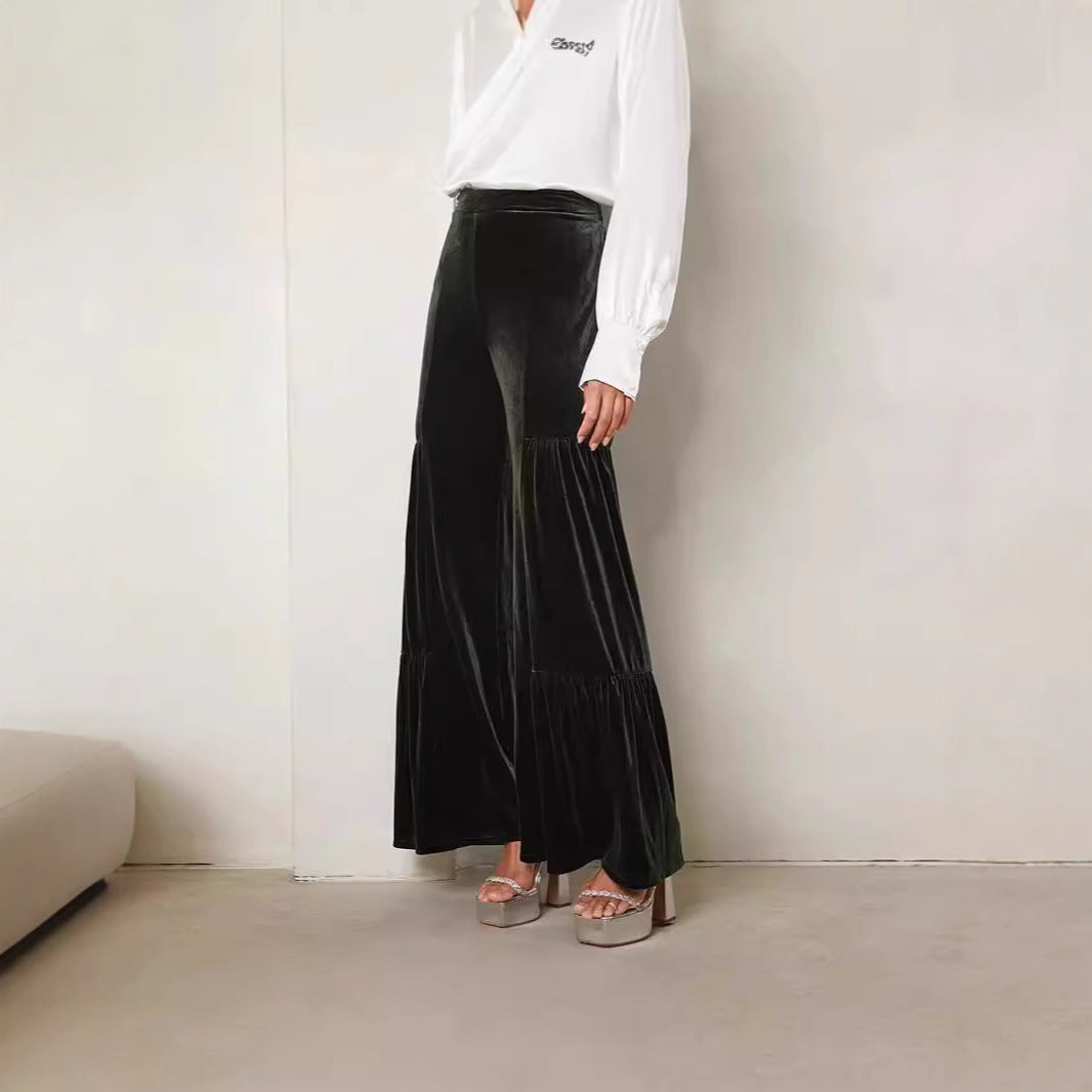 Damen Elegante Samt-Hosen mit Weitem Bein und Hohem Bund R&B