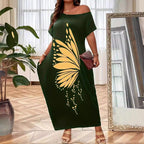 Damen Maxikleid mit XXL Schmetterlings-Motiv und schulterfreiem Design R&B