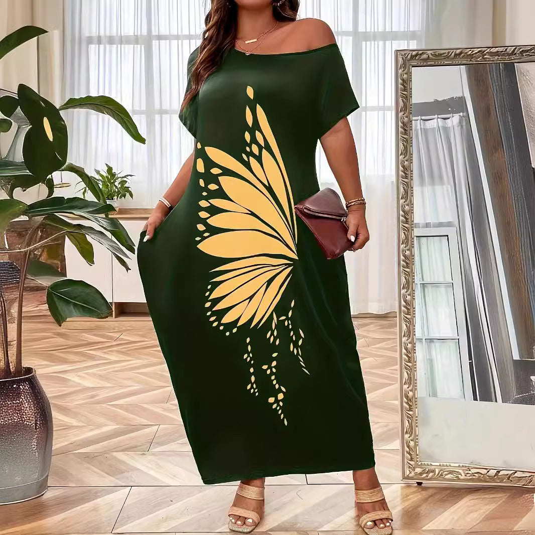 Damen Maxikleid mit XXL Schmetterlings-Motiv und schulterfreiem Design R&B