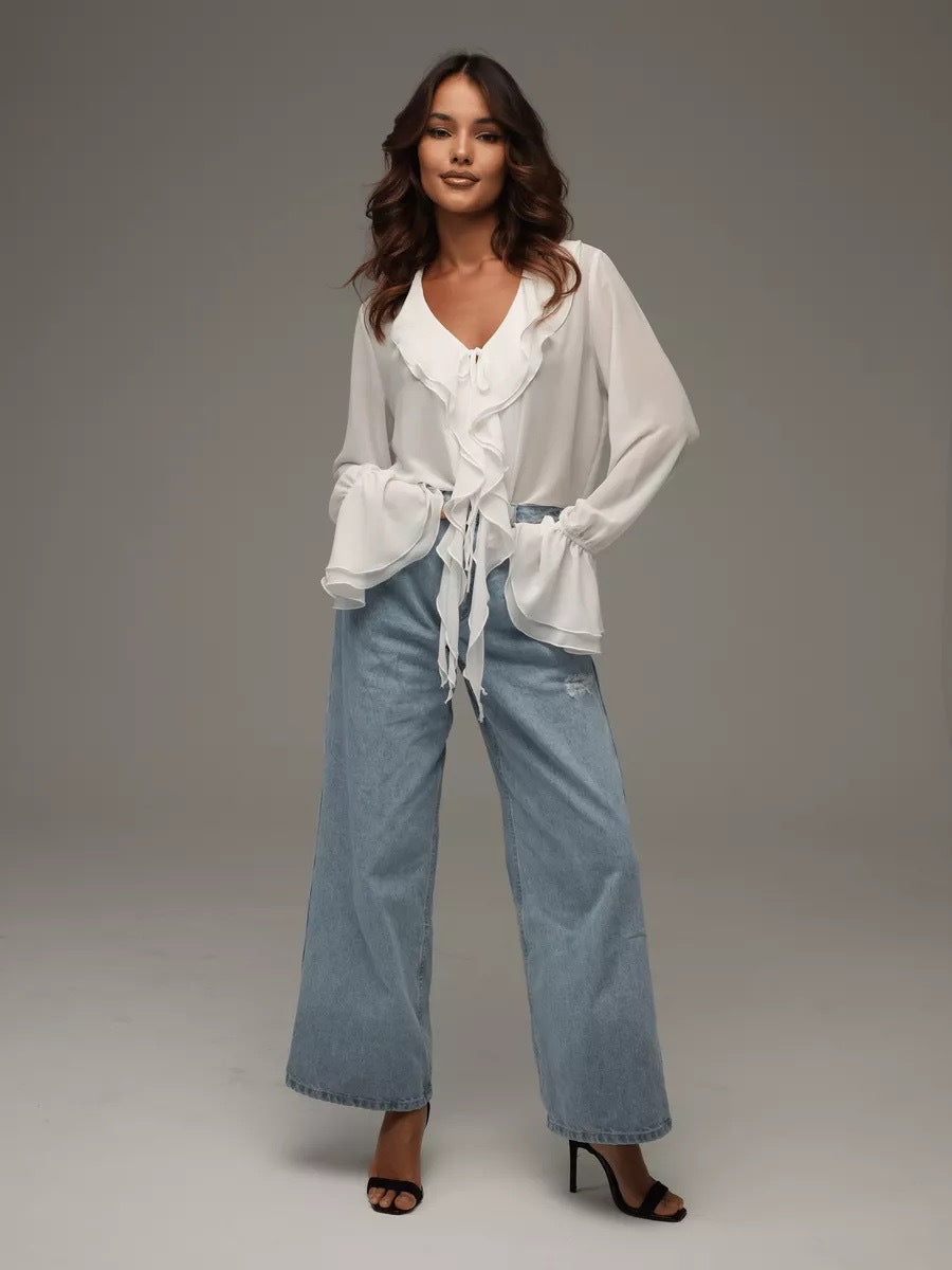 Damen leichtes Chiffon-Blusenshirt mit Rüschen und Kordelzug R&B