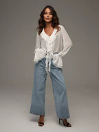 Damen leichtes Chiffon-Blusenshirt mit Rüschen und Kordelzug