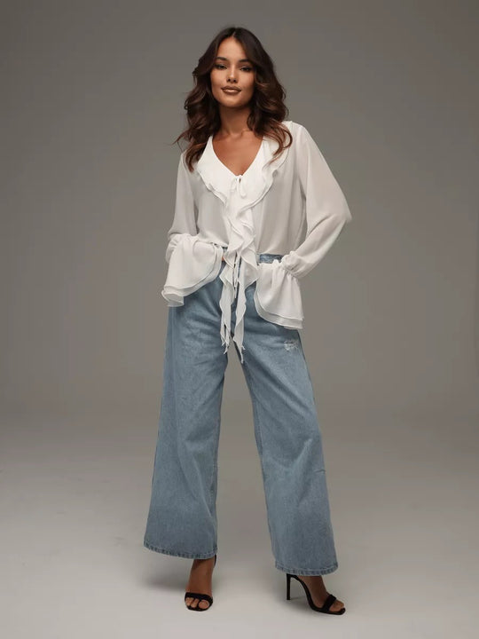 Damen leichtes Chiffon-Blusenshirt mit Rüschen und Kordelzug R&B