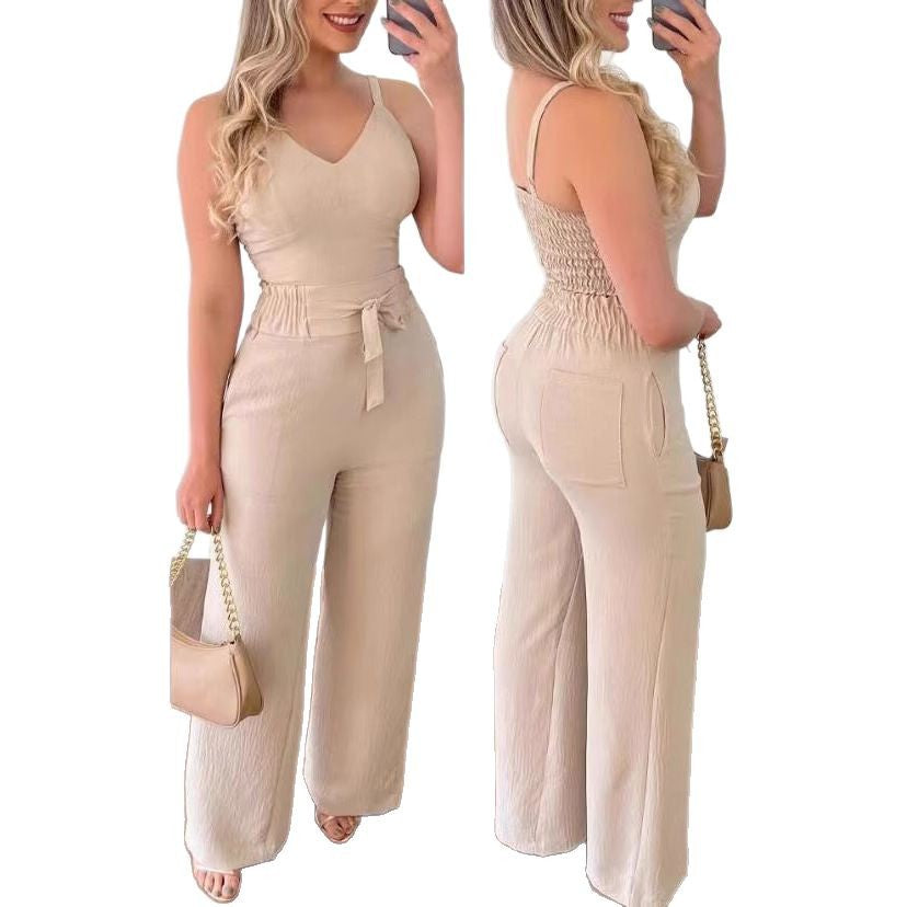 Damen Jumpsuit mit breiten Beinen und Schärpe R&B