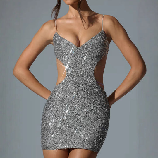 Damen Glitzerndes Cut-Out-Minikleid mit schimmernden Pailletten und Spaghettiträgern R&B