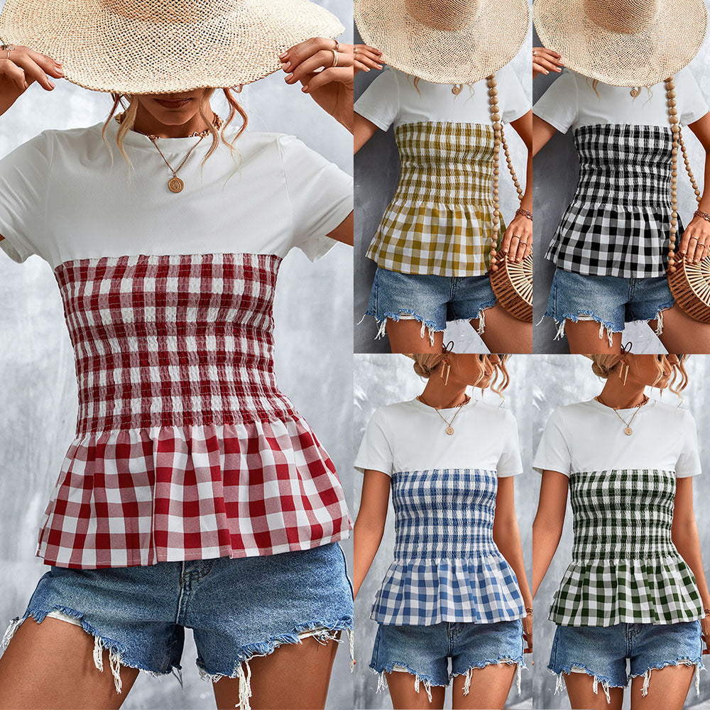 Damen Peplum-Oberteil mit kariertem Stoff und elastischer Taillierung R&B