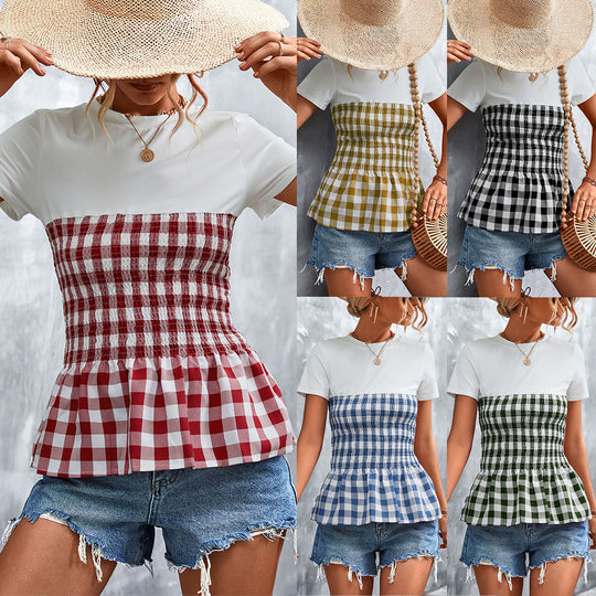 Damen Peplum-Oberteil mit kariertem Stoff und elastischer Taillierung R&B