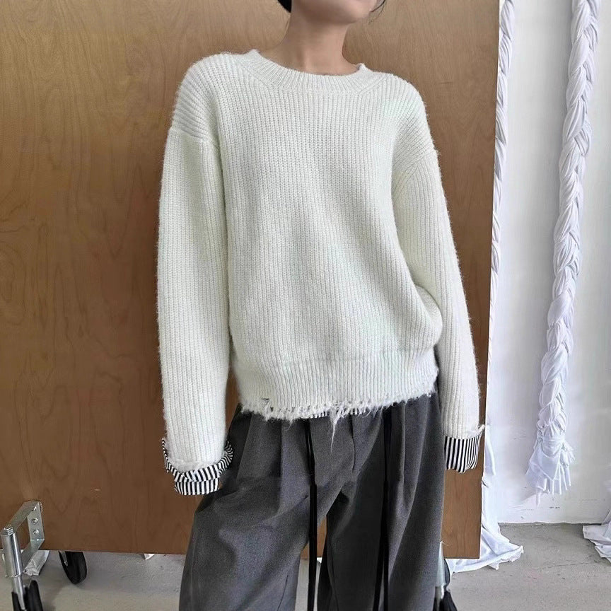 Damen Grob gestrickter Pullover mit einzigartigen Kontrastarmabschlüssen und lässigem Schnitt R&B