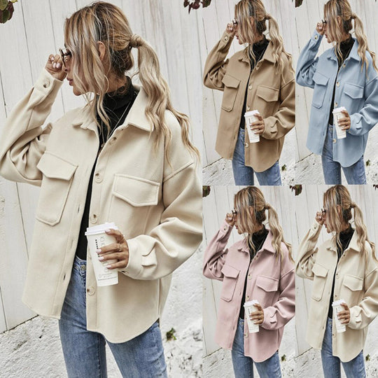 Damen Modische Oversized-Jacke mit Taschen und Knopfverschluss R&B