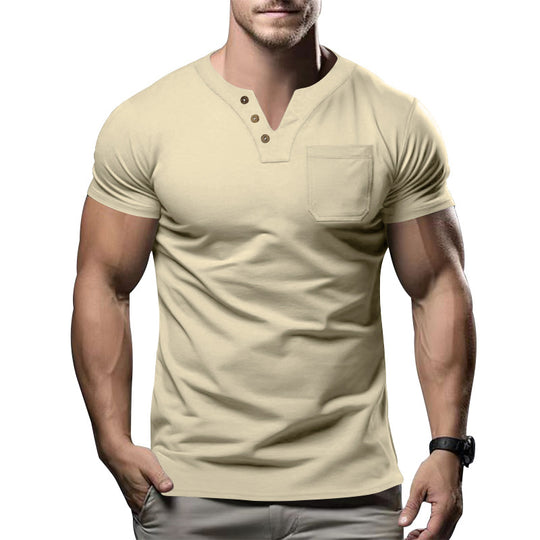 Herren nan körperbetontes Baumwollstretch-Kurzarmshirt mit Split-V-Ausschnitt dekorativer Knopfleiste und Brusttasche R&B
