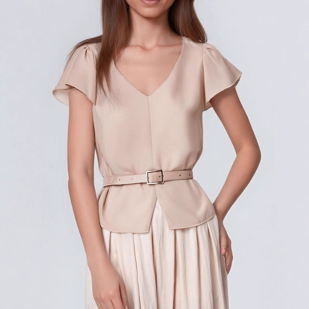 Damen Blusenshirt mit Taillengürtel und elegantem V-Ausschnitt EB