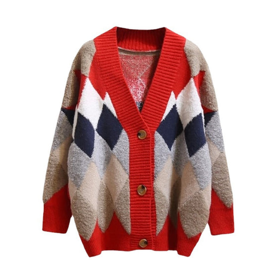 Damen Grobstrick Cardigan mit geometrischem Muster und großen Taschen R&B
