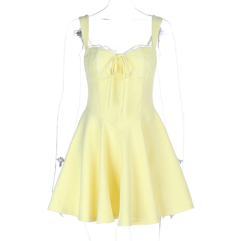 Damen verspieltes Sommerkleid mit Spitzenoberteil und Taillenknoten R&B