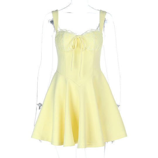 Damen verspieltes Sommerkleid mit Spitzenoberteil und Taillenknoten R&B