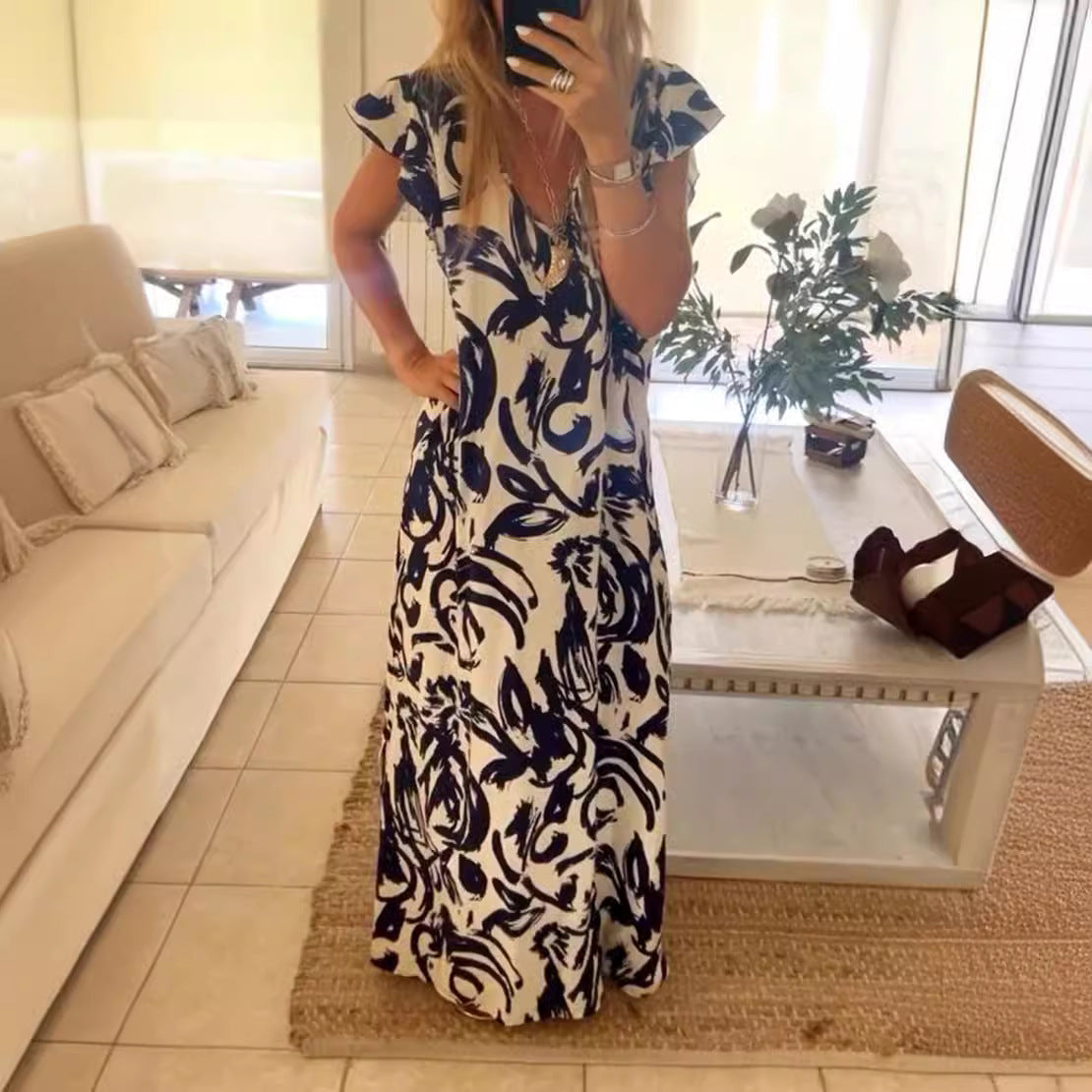 Damen Maxikleid mit voluminösen Ärmeln und elegantem V-Ausschnitt R&B