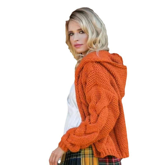 Damen gestrickte Kapuzenjacke mit voluminösem Gewebe und Zopfmuster R&B