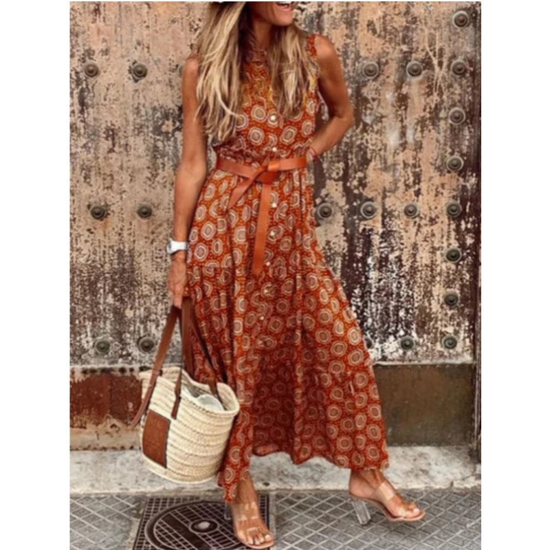 Damen Bohemian Maxi Kleid mit verstellbarem Gürtel R&B