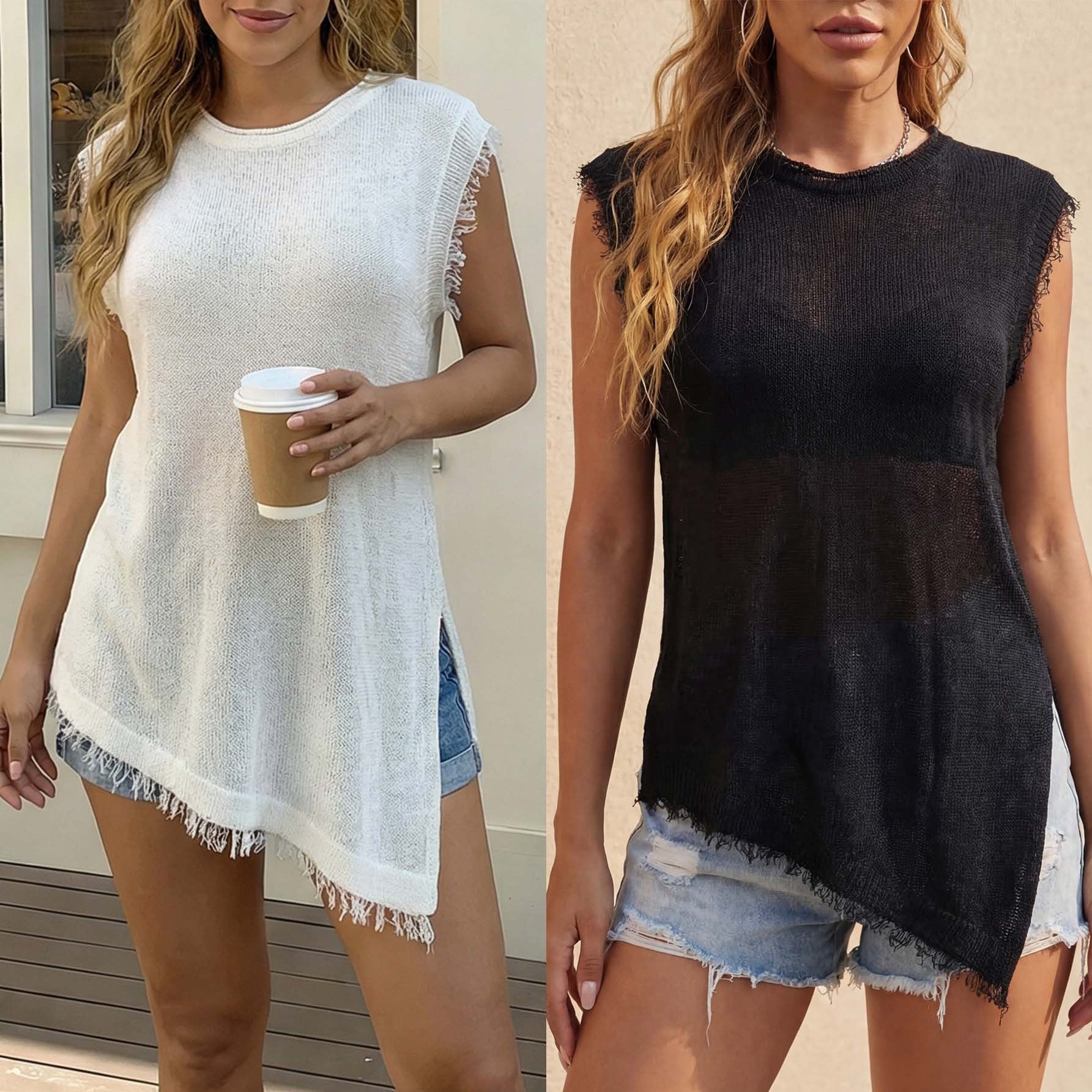 Damen lässiges Leinen-Top mit fransigen Details R&B