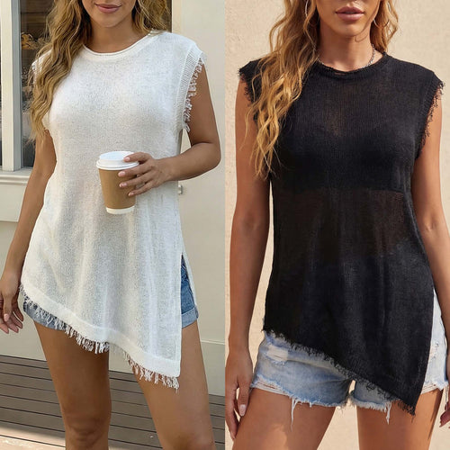 Damen lässiges Leinen-Top mit fransigen Details R&B