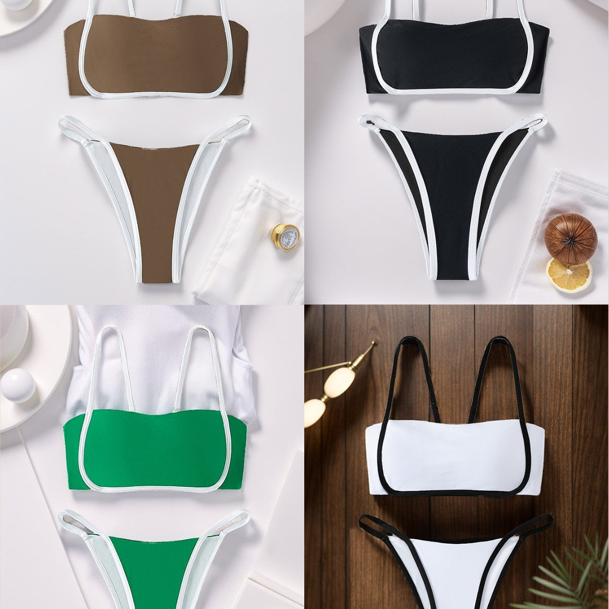 Damen Bandeau Bikini mit hohem Beinausschnitt und verstellbaren Trägern R&B