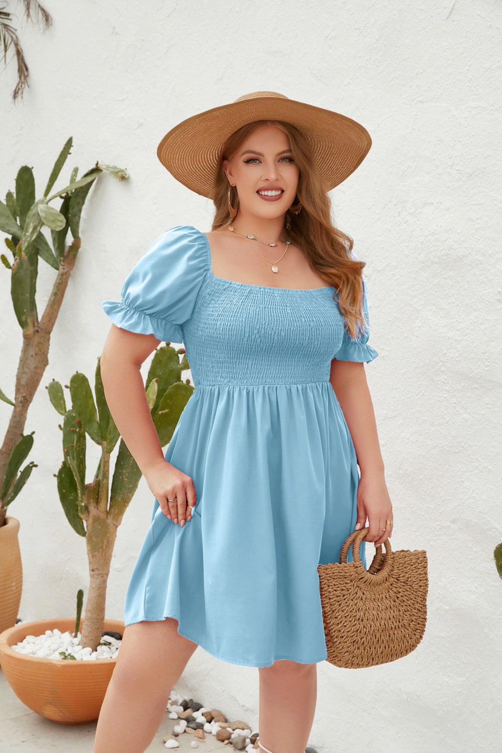 Damen Leichtes Sommerkleid mit schulterfreier Passform und voluminösen Puffärmeln R&B