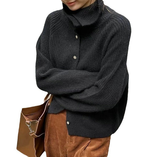 Damen Strickjacke mit hohem Kragen und Knopfverschluss R&B