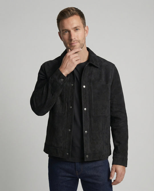 Herren dick gefütterte Wildlederoptik Hemdjacke mit Druckknöpfen und aufgesetzten Brusttaschen R&B