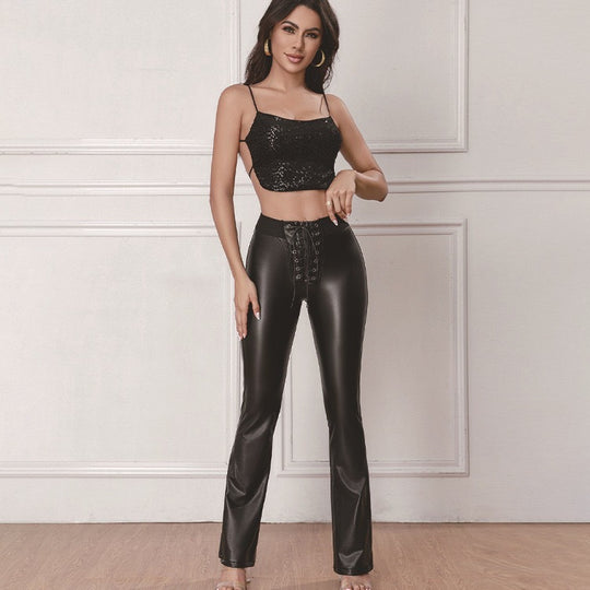 Damen Elastische High-Waist Kunstlederhose mit Schnürung R&B