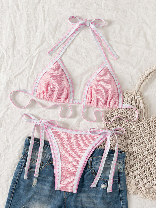 Damen Triangel-Bikini mit verspielten Bindebändern und feiner Struktur R&B
