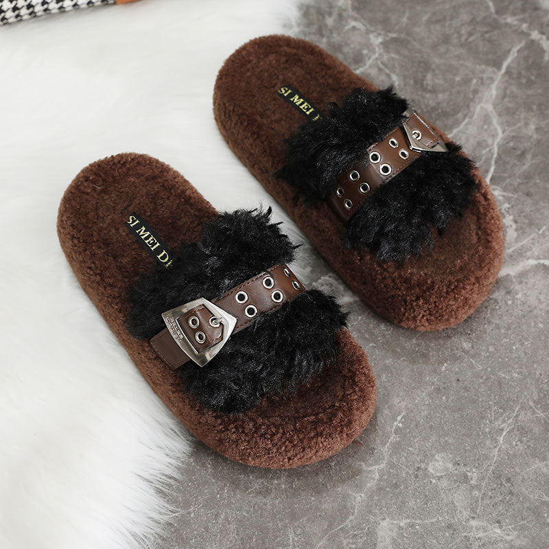 Damen Flauschige Hausschuhe mit modischer Schnalle und kuscheligem Innenfutter R&B