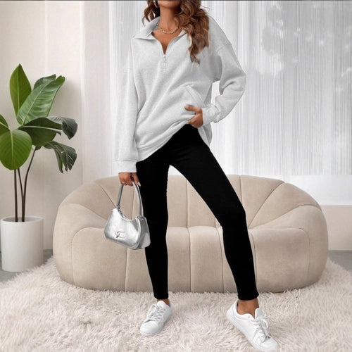 Damen Freizeitlicher Pullover mit kurzem Reißverschluss und Kängurutasche R&B