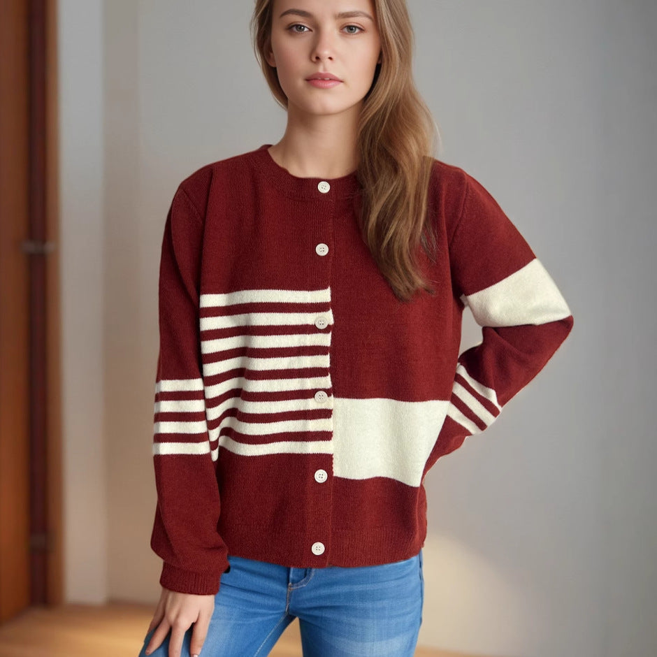 Damen Strickjacke mit modernen Streifenmustern und Knopfverschluss R&B